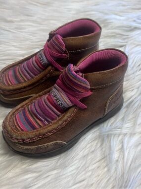 Ariat Aurora Brown Leather Kids Boots with Pink Multistripe Fabric